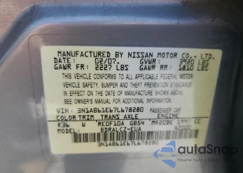 2007 Nissan Sentra 2.0 z USA, uszkodzony, nr VIN 3N1AB61E67L678280